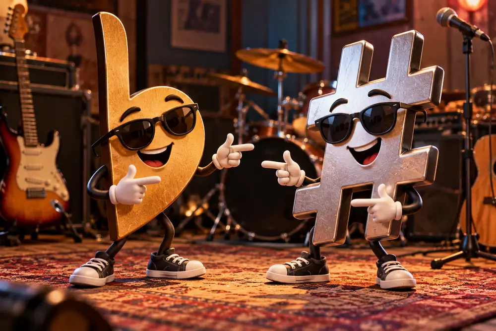 A cartoon gold flat sign and silver sharp sign in sunglasses, grinning and pointing at each other on a rehearsal room stage