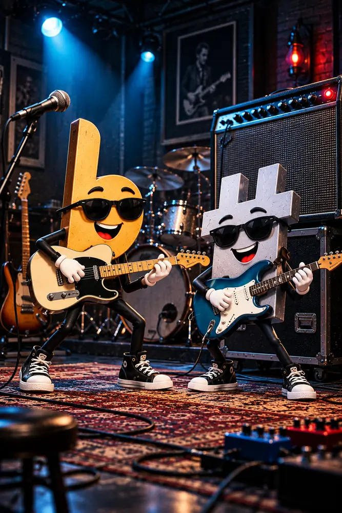 The Flatty Sharps flat and sharp characters, styled for the Blackface theme