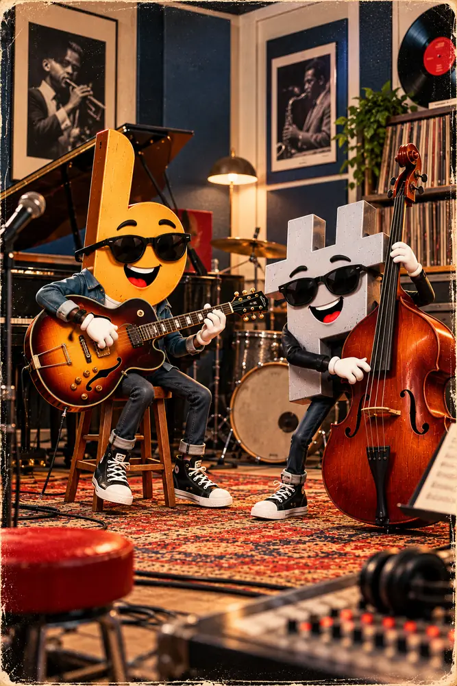 The Flatty Sharps flat and sharp characters, styled for the Liner Notes theme
