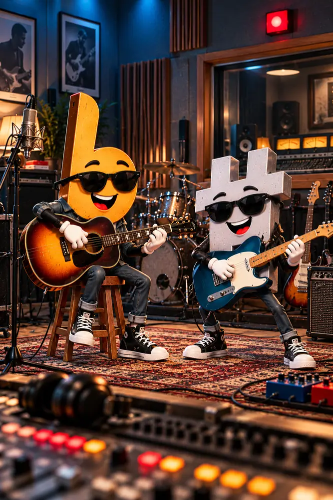The Flatty Sharps flat and sharp characters, styled for the Soundcheck theme