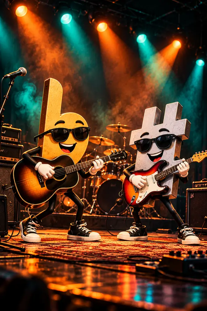 The Flatty Sharps flat and sharp characters, styled for the Stage theme