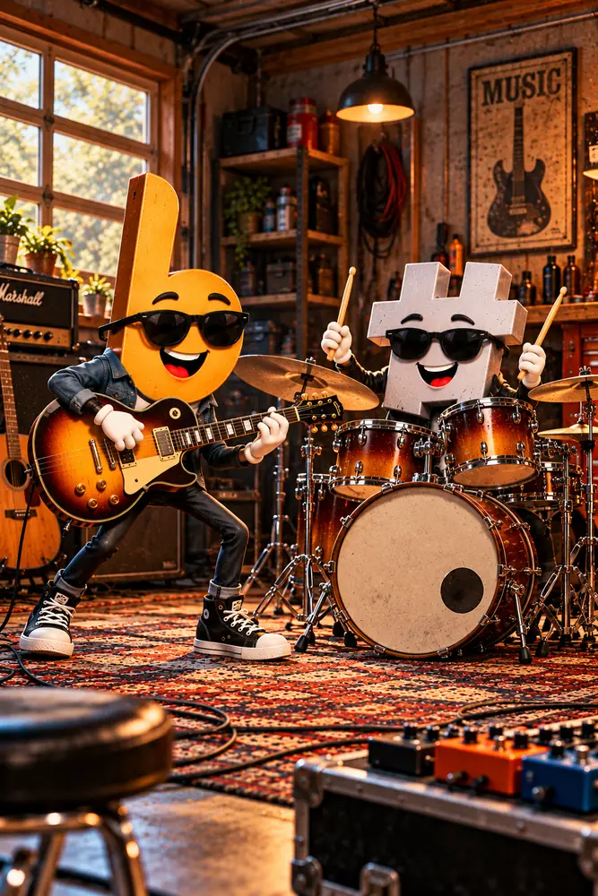 The Flatty Sharps flat and sharp characters, styled for the Tobacco Burst theme
