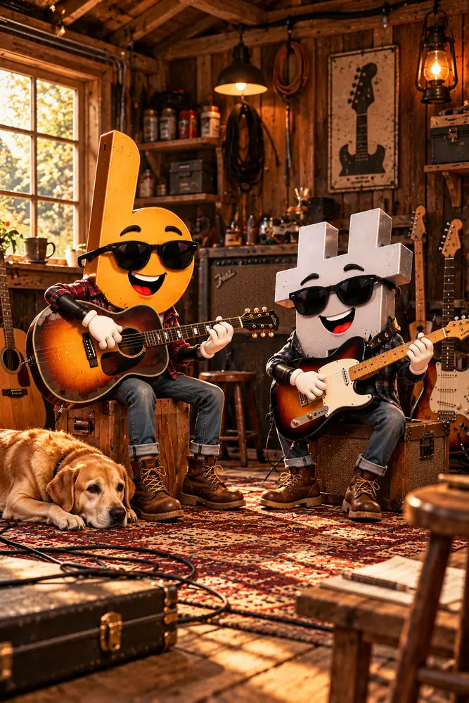 The Flatty Sharps flat and sharp characters, styled for the Woodshed theme